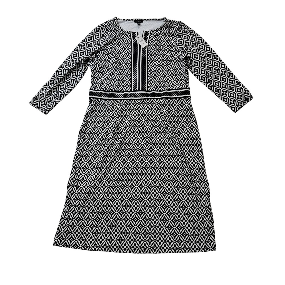 NWT Talbots Dress Womens Medium Black White Medallion Geo 3/4 Sleeve Work